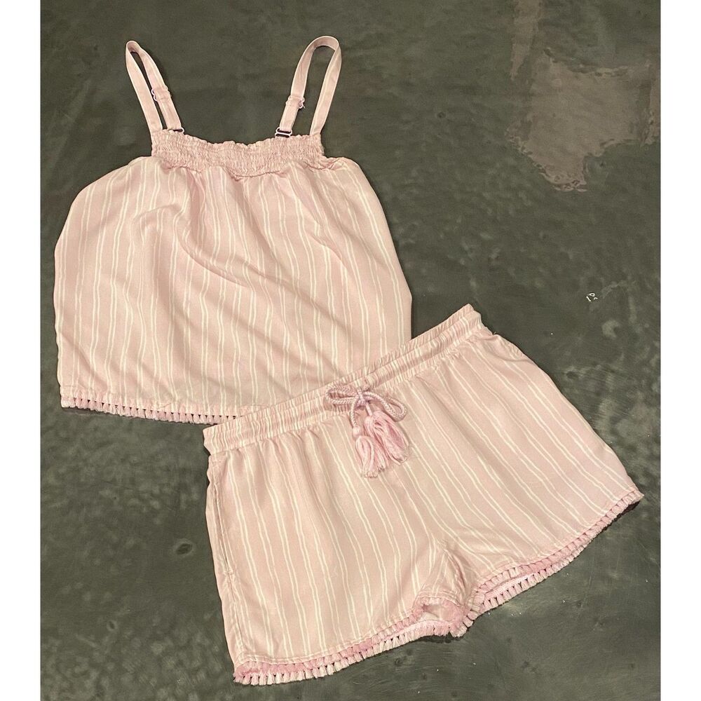 Jaclyn New York Pink Striped Tassel Pajama Shorts & Cami Set Sz M